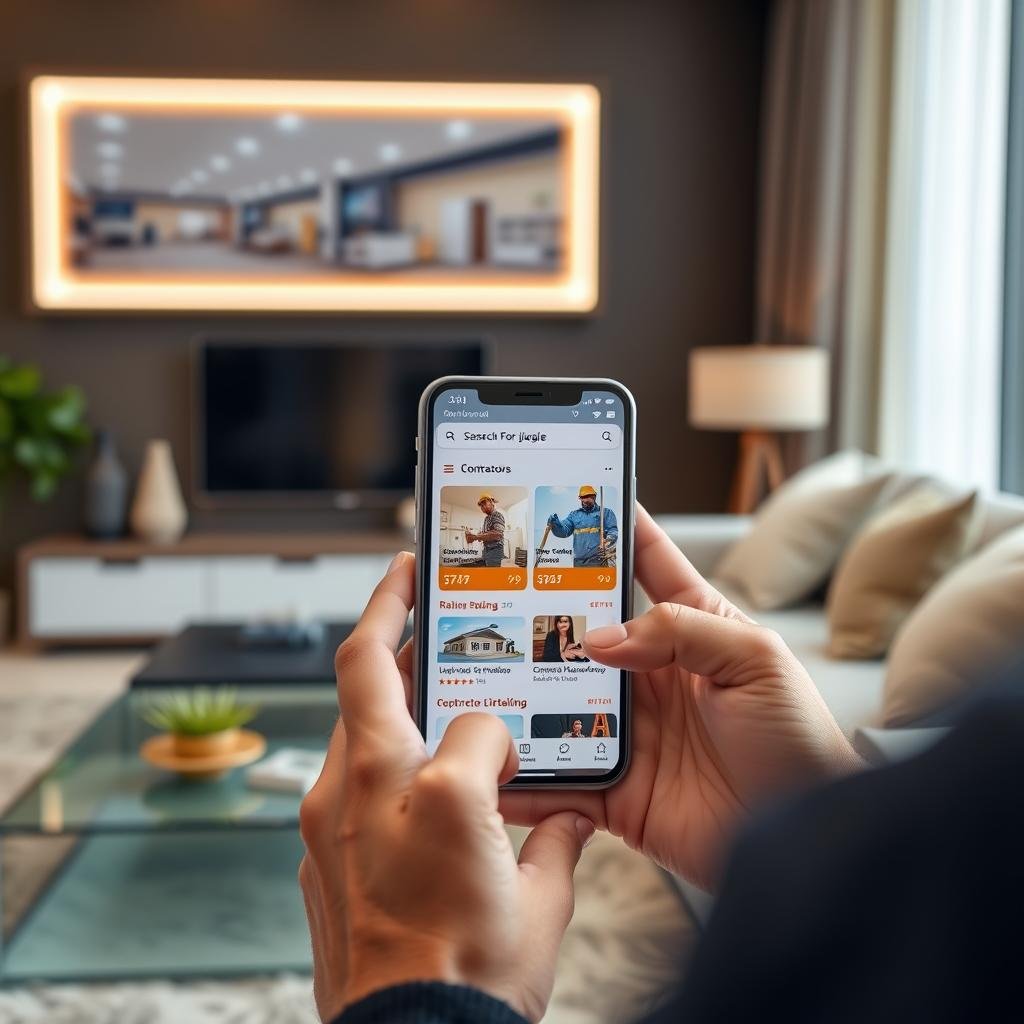 شخص يستخدم موقع عرب مقاول على الهاتف المحمول للبحث عن مقاول