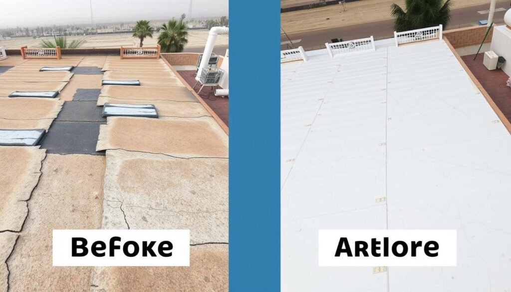 صور قبل وبعد لمشروع عزل سطح منزل في الدسمة