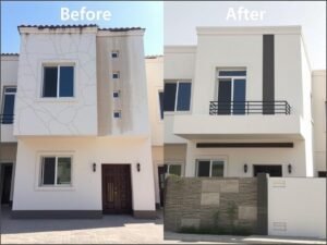 صورة قبل وبعد لواجهة فيلا في كيفان تم ترميمها بالكامل مع تجديد الطلاء والديكورات الخارجية