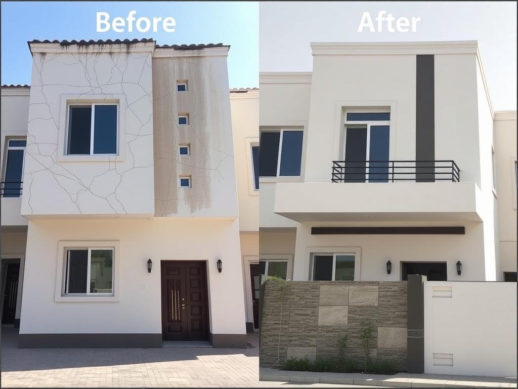 صورة قبل وبعد لواجهة فيلا في كيفان تم ترميمها بالكامل مع تجديد الطلاء والديكورات الخارجية