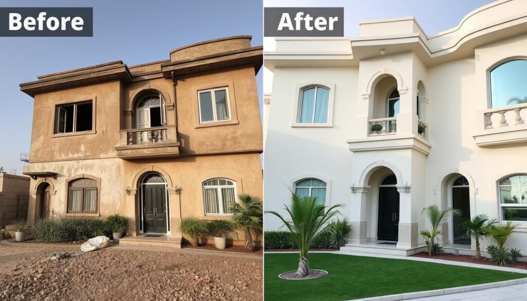صورة لمنزل في الرميثية قبل وبعد أعمال الترميم الاحترافية التي نفذها مقاول ترميم محترف