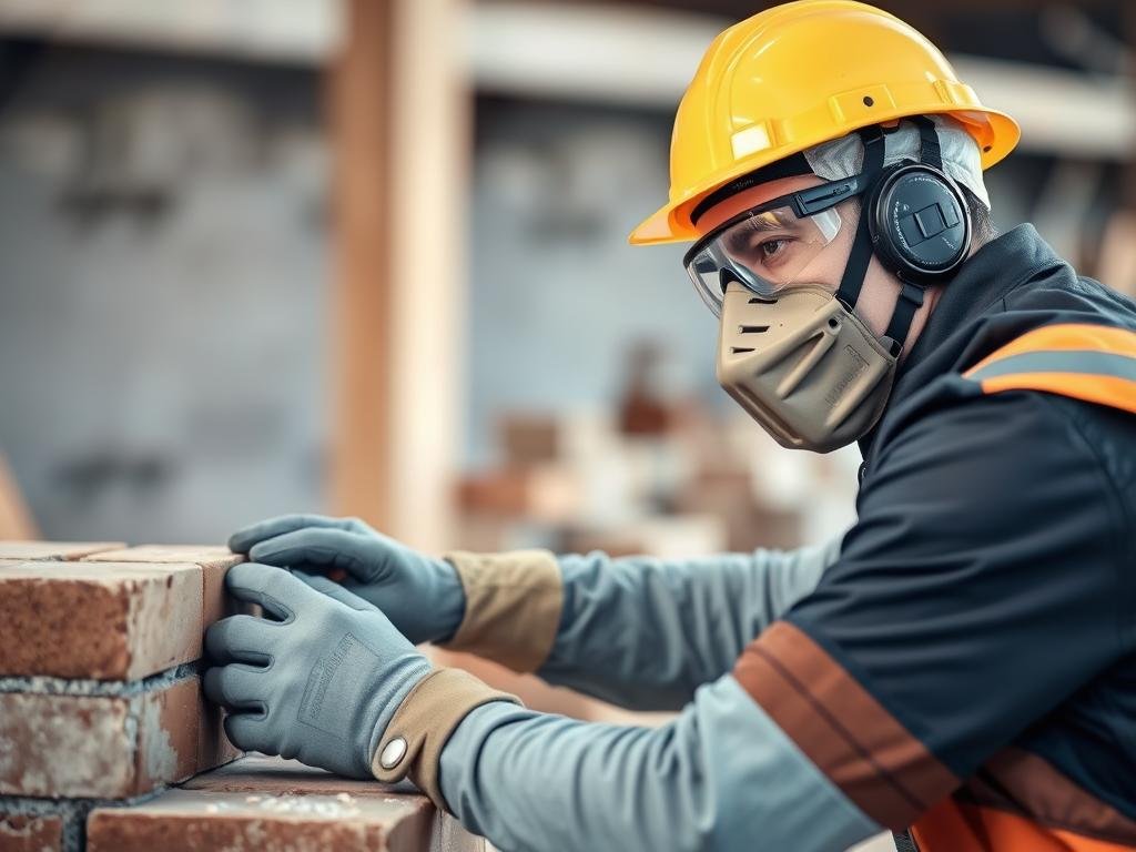 عامل يرتدي معدات السلامة الكاملة أثناء تكسير الطوب