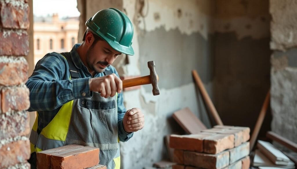 عامل يستخدم تقنية دقيقة لتكسير الطوب في مشروع ترميم