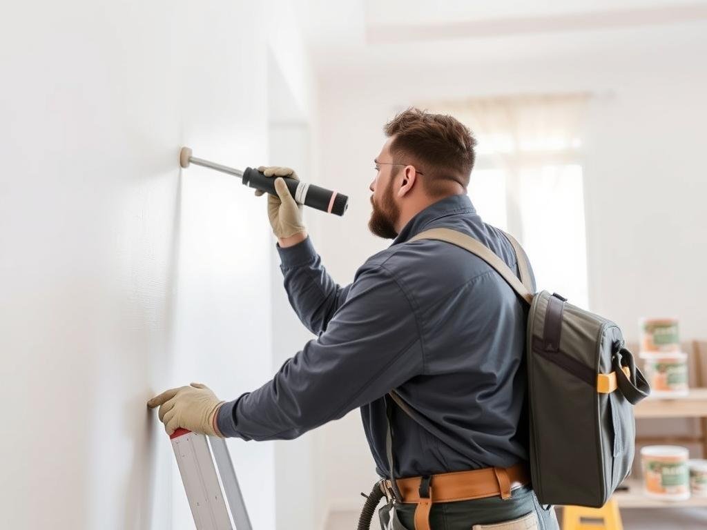عامل يقوم بأعمال الدهان في منزل حديث التشطيب