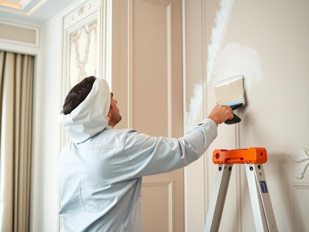 عامل يقوم بأعمال دهانات داخلية في فيلا بمنطقة كيفان باستخدام تقنيات حديثة ودهانات عالية الجودة
