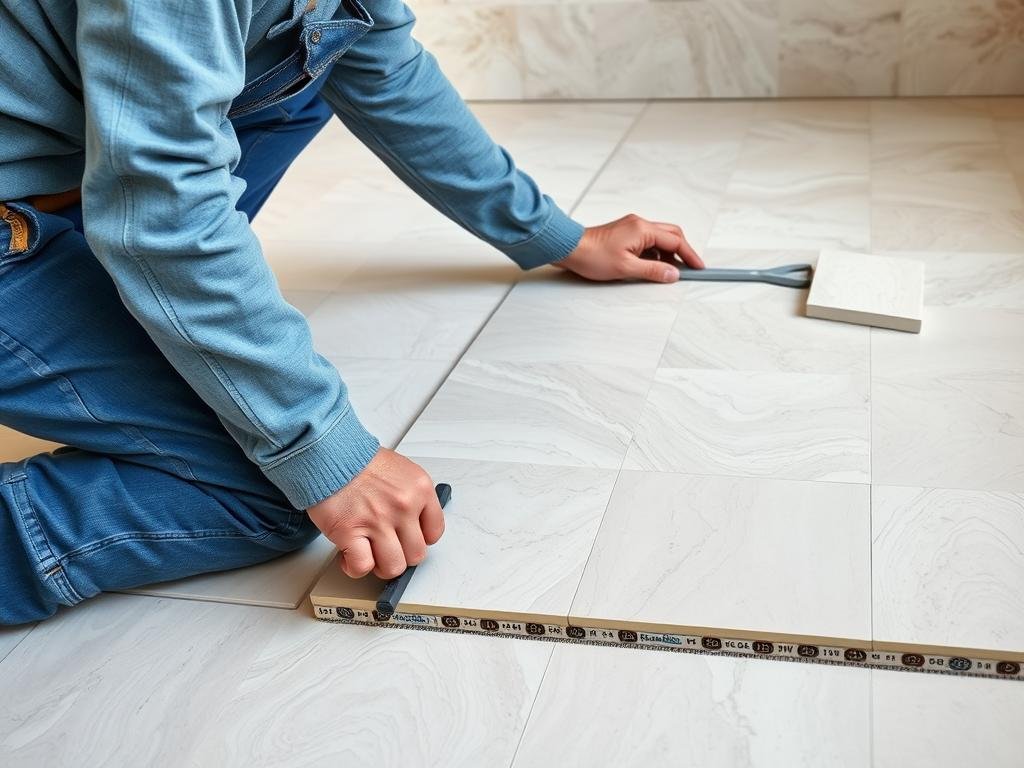 عامل يقوم بتركيب بلاط السيراميك في مشروع تشطيب منزلي