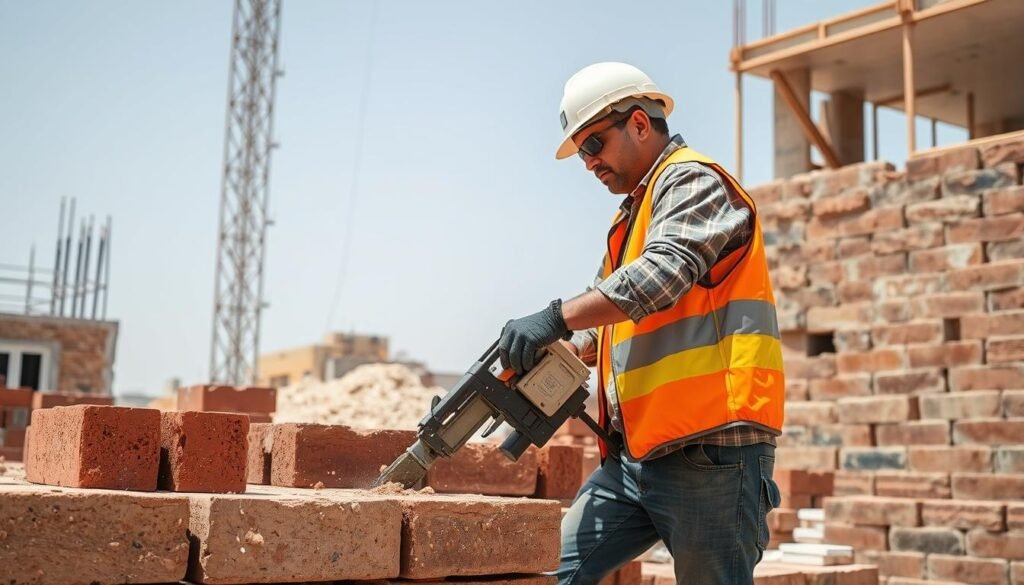 عامل يقوم بتكسير الطوب في موقع بناء باستخدام معدات مناسبة