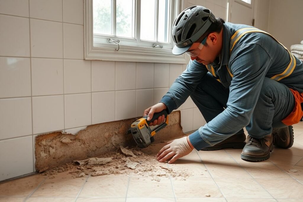 عامل يقوم بتكسير وإزالة البلاط القديم في منزل بكيفان
