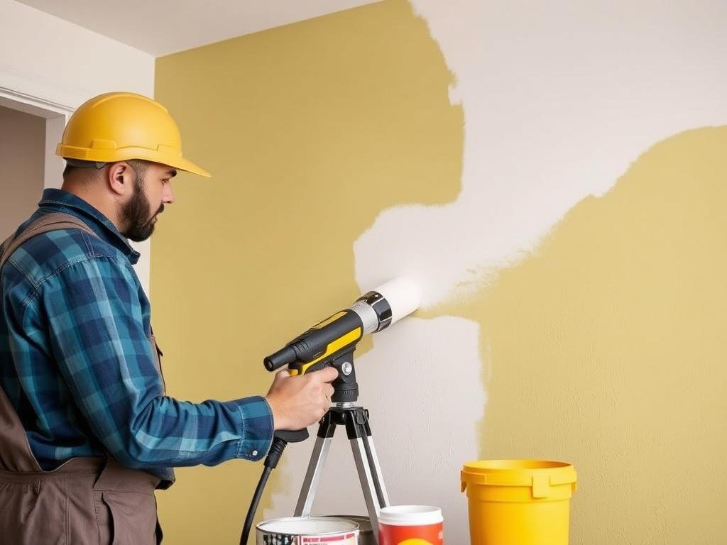 عامل يقوم بتنفيذ أعمال الدهان في مشروع تشطيب شقق بألوان عصرية