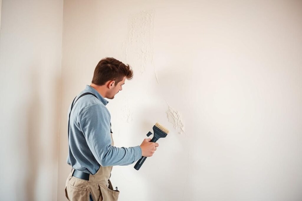 عامل يقوم بتنفيذ أعمال المحارة على جدران شقة في مرحلة تشطيب شقق