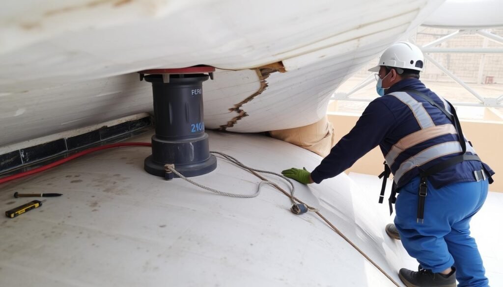 عامل يقوم بفحص وصيانة سطح معزول في الدسمة