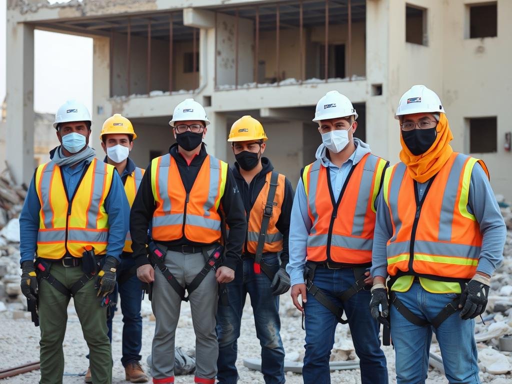 عمال يرتدون معدات السلامة أثناء عمليات تكسير وهدم حولي