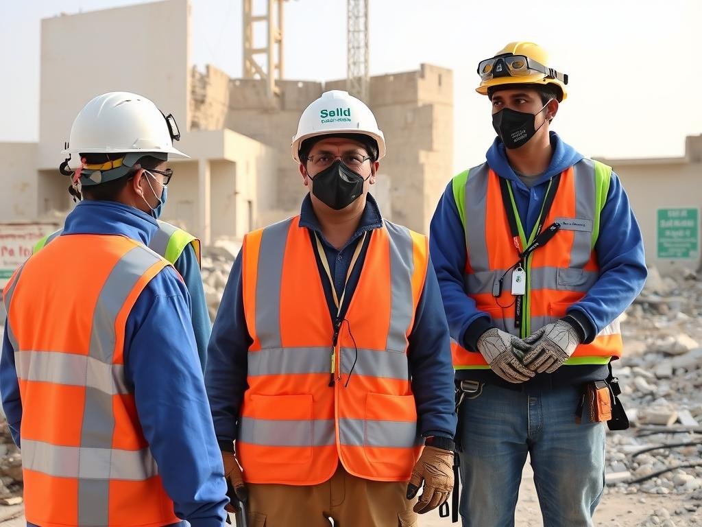 عمال يرتدون معدات السلامة أثناء عملية الهدم