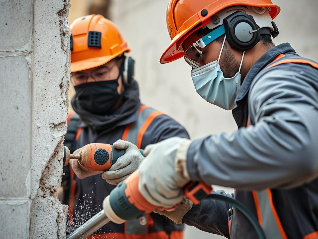 عمال يستخدمون معدات متخصصة في تكسير وهدم حولي للجدران الخرسانية