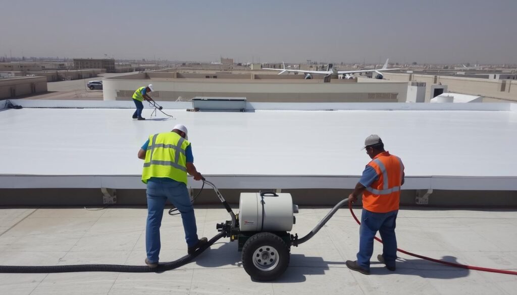 عمال يقومون بتركيب عازل جيتاروف على سطح في منطقة بيان بالكويت