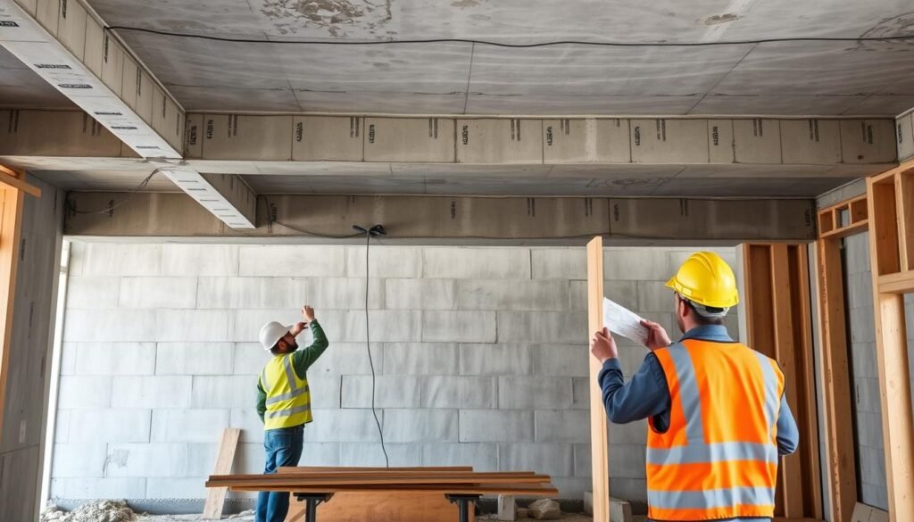 عمال يقومون بتنفيذ أعمال الأسقف الخرسانية تحت إشراف مقاول عظم محترف