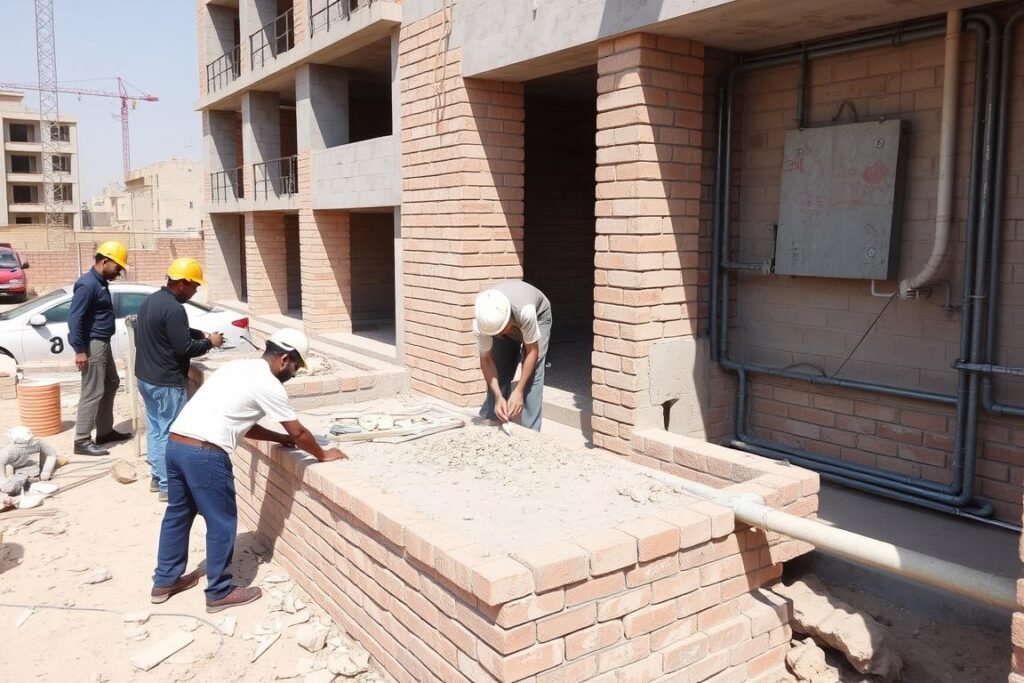 عمال يقومون بتنفيذ أعمال البناء في موقع إنشائي