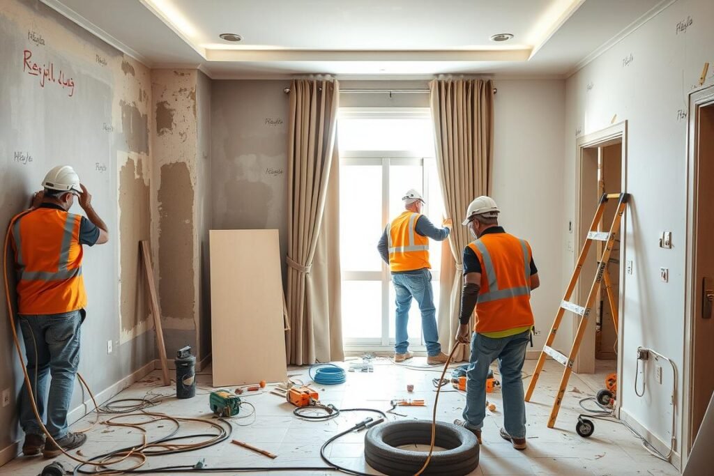 عمال يقومون بتنفيذ أعمال ترميم في شقة بالشامية