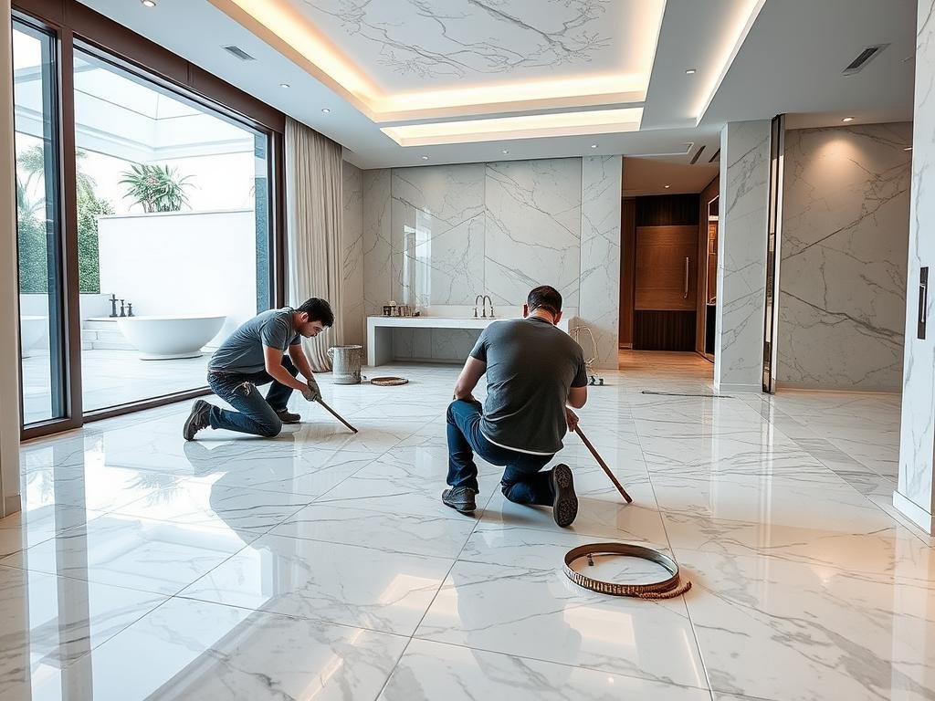 عملية تركيب أرضيات رخامية فاخرة في فيلا