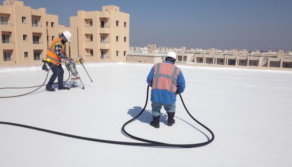 عملية تطبيق عازل الفوم على سطح منزل في سعد العبدالله