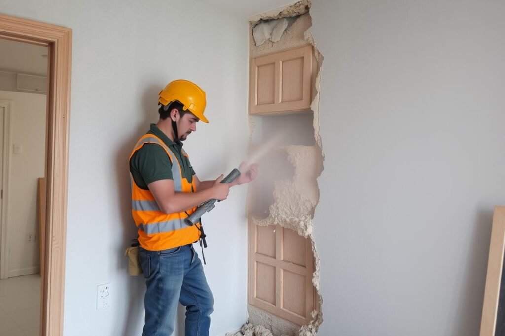 عملية تكسير جدار داخلي في منزل بمنطقة كيفان مع تدابير السلامة