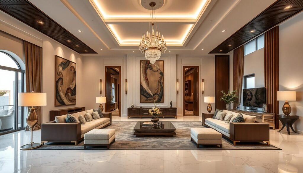 غرفة معيشة في فيلا بمنطقة كيفان بعد عملية ترميم شاملة تظهر التصميم الداخلي الفاخر والتشطيبات عالية الجودة