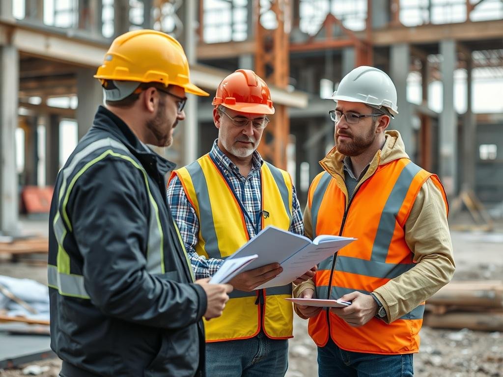 فحص جودة في موقع بناء مع مهندسين يتحققون من المعايير