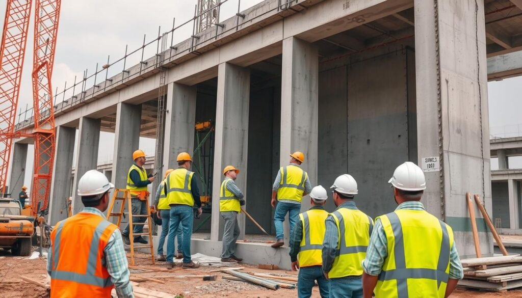 فريق عمل متكامل تابع لمقاول عظم محترف أثناء تنفيذ أعمال الهيكل الإنشائي