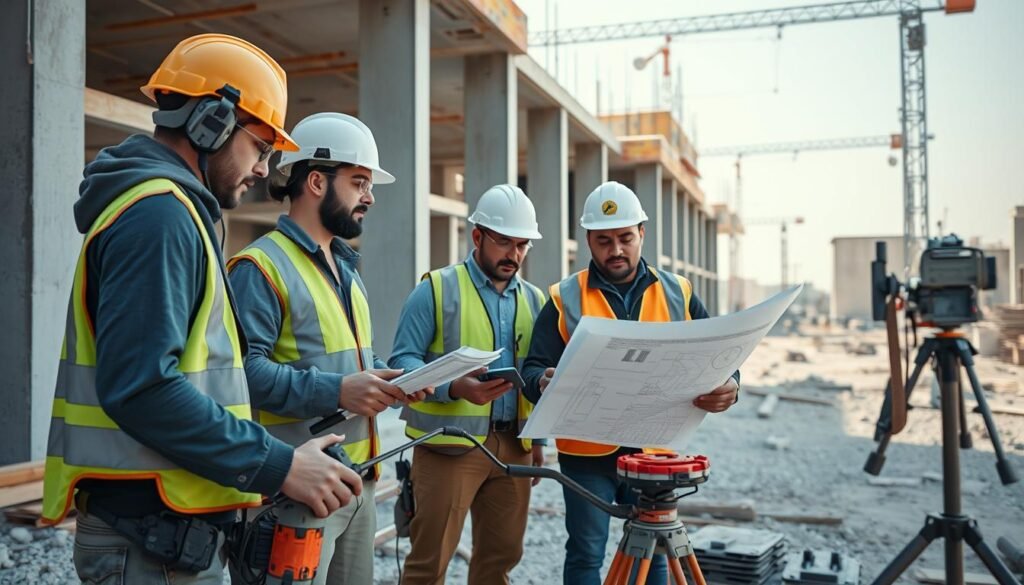 فريق عمل مقاول ترميم محترف يستخدم معدات متطورة في موقع العمل