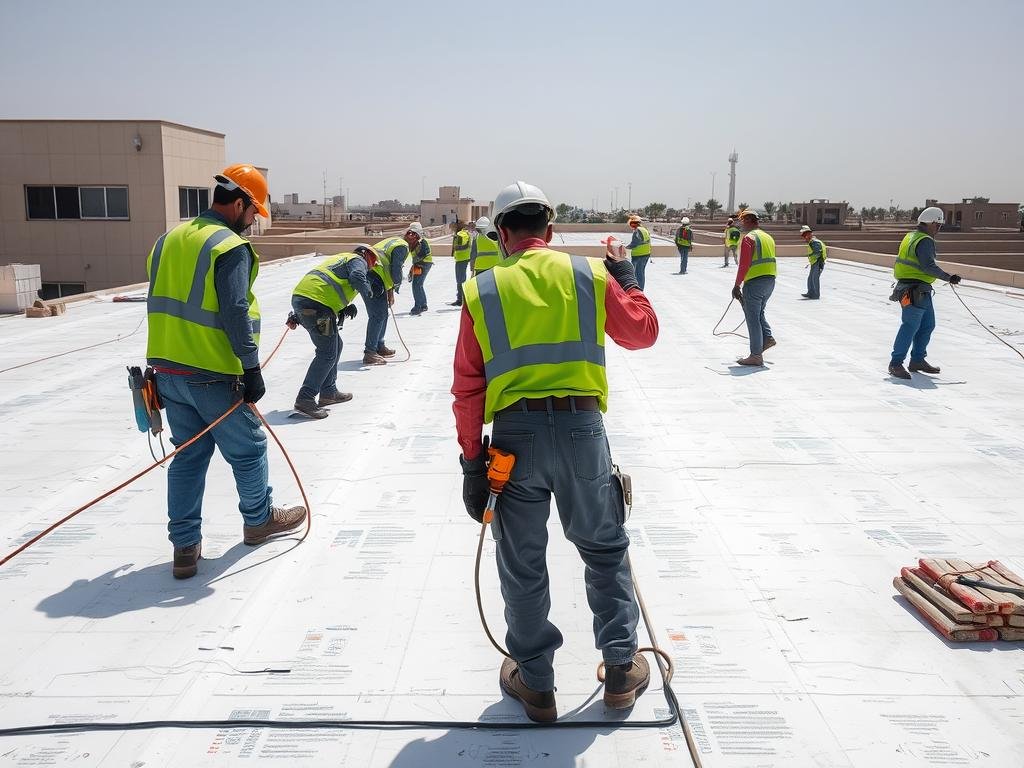 فريق عمل مقاول عزل أسطح عبدالله المبارك أثناء تنفيذ أحد مشاريع العزل