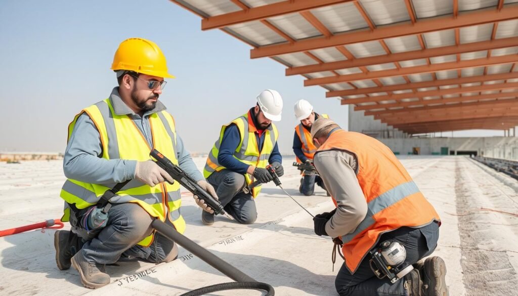 فريق متخصص في عازل أسطح بيان يقوم بتنفيذ مشروع عزل