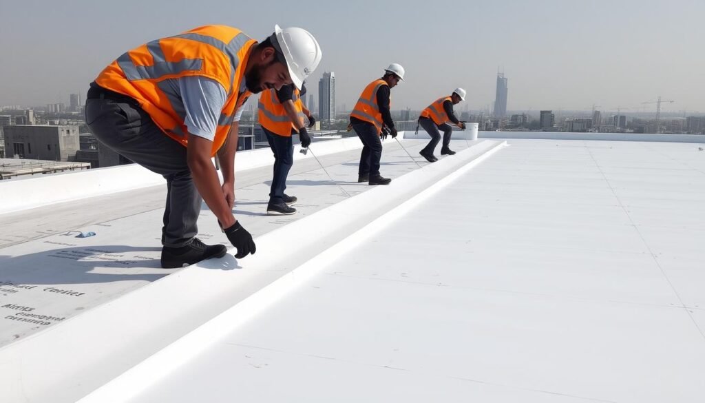 فريق متخصص يقوم بتنفيذ عملية عزل أسطح في منطقة الجابرية