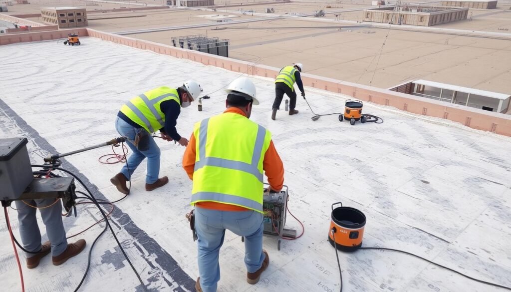 فريق محترف يقوم بتركيب عازل أسطح كيفان بجودة عالية