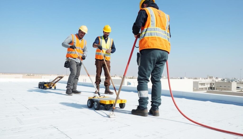 فريق مقاول عزل أسطح الشامية أثناء تنفيذ عملية العزل