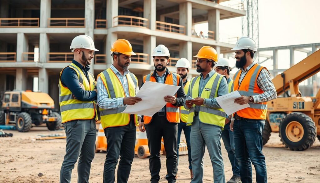فريق مقاولات عامة يعمل في موقع بناء مع مهندسين ومخططات