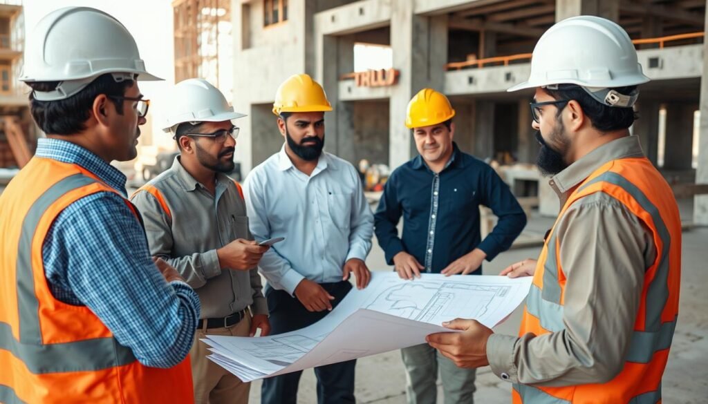 فريق من المقاولين يناقشون حلولاً لتحديات في موقع البناء