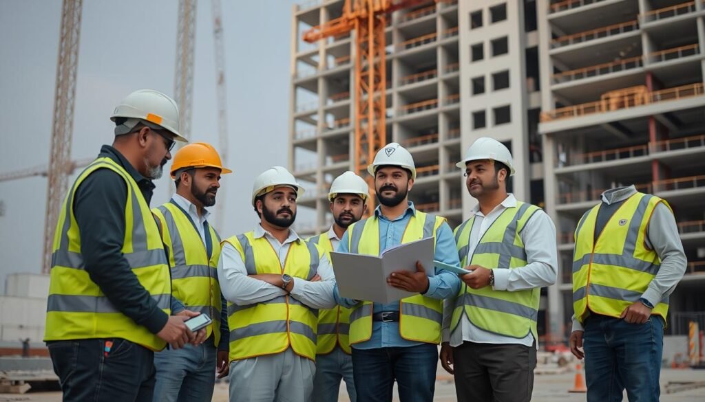 فريق من مقاولي البناء المتخصصين يعملون معاً في موقع إنشاء كبير