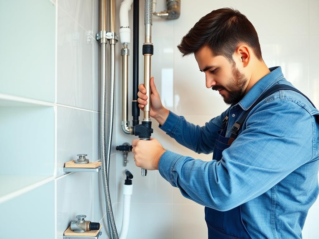 فني سباكة محترف يقوم بتركيب أنابيب جديدة في حمام فيلا بمنطقة كيفان ضمن أعمال ترميم شاملة