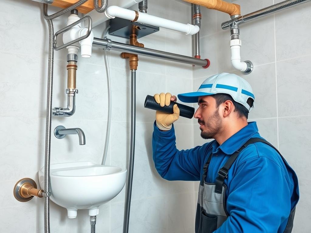 فني سباكة يقوم بتركيب أنابيب المياه