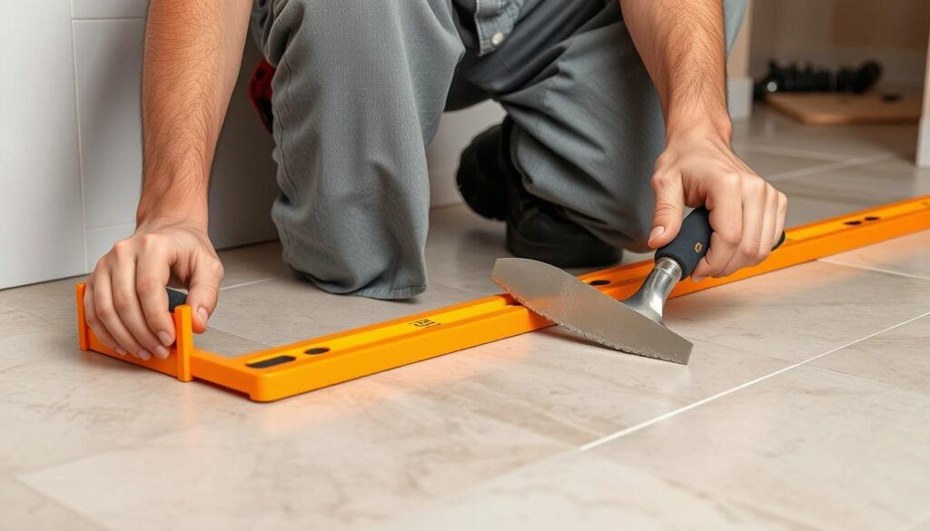 فني محترف يستخدم أدوات متخصصة في أعمال البلاط