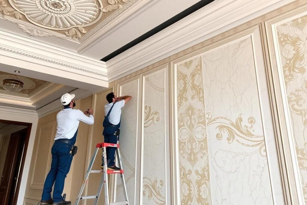 فنيون يعملون على تشطيبات داخلية فاخرة