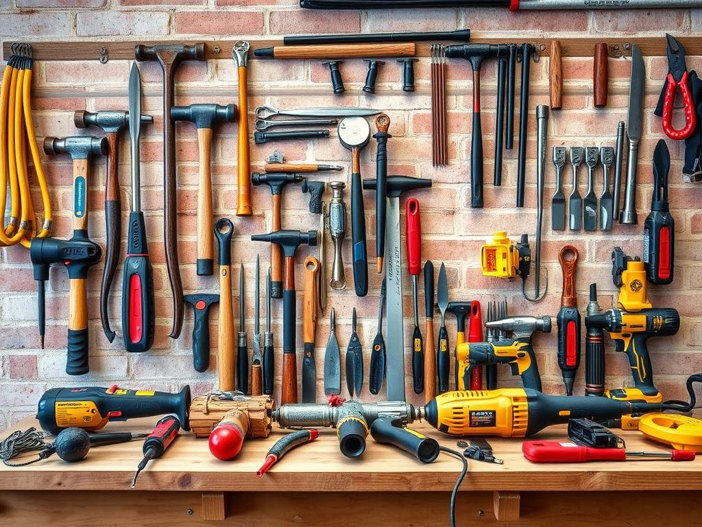 مجموعة من أدوات تكسير الطوب المختلفة مرتبة بشكل منظم