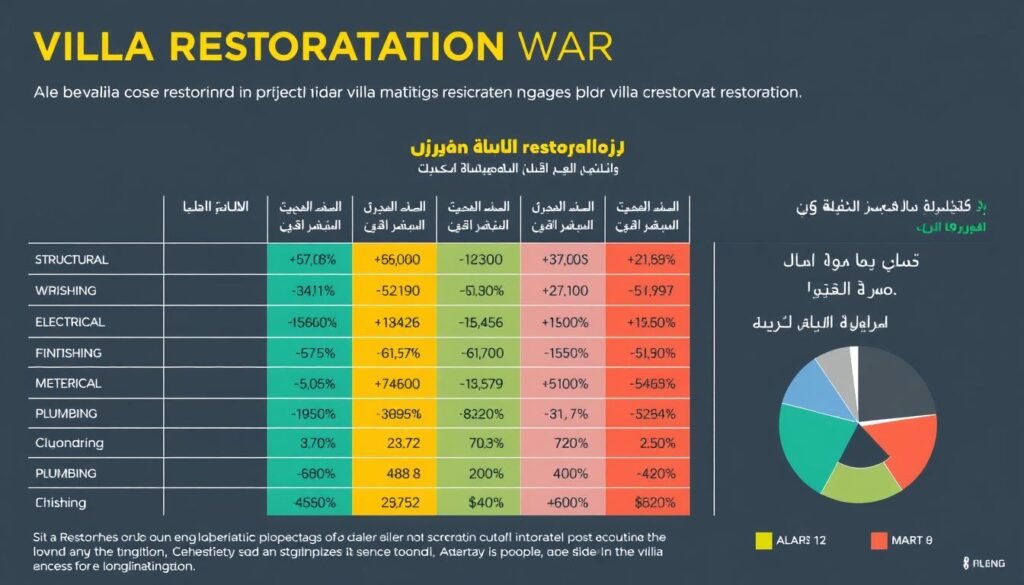 مخطط توضيحي لتوزيع تكاليف ترميم الفلل على مختلف بنود العمل