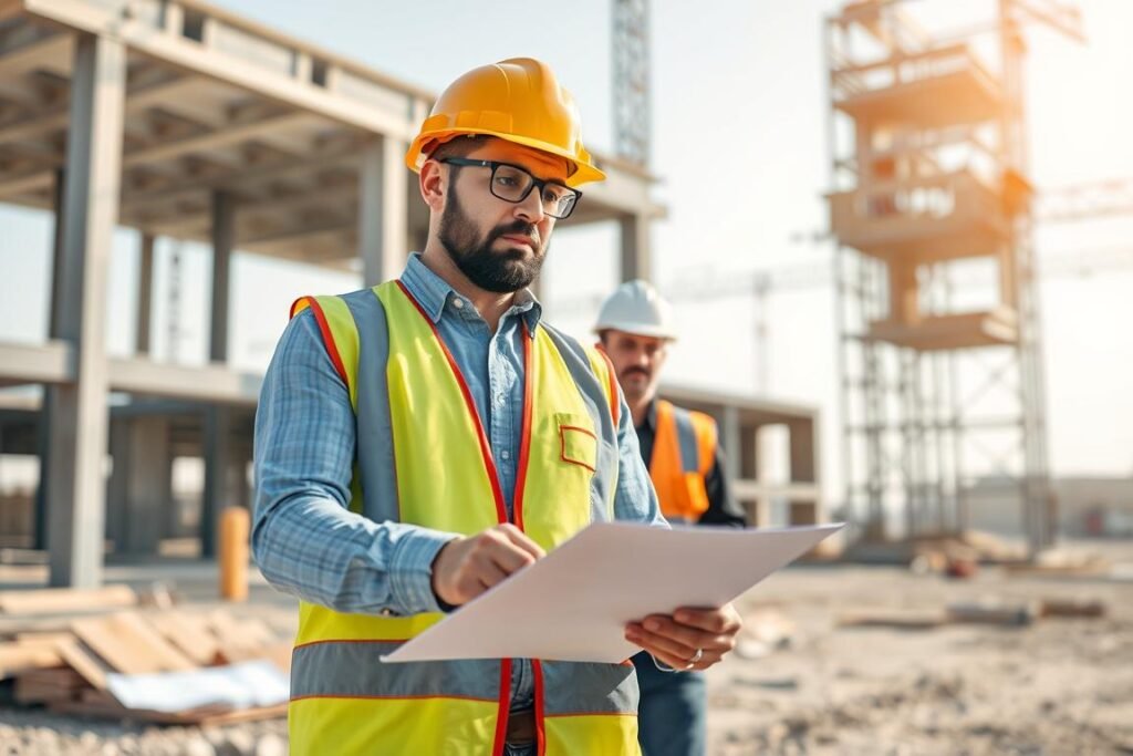 مدير مشروع يشرف على أعمال البناء ويتابع الجودة
