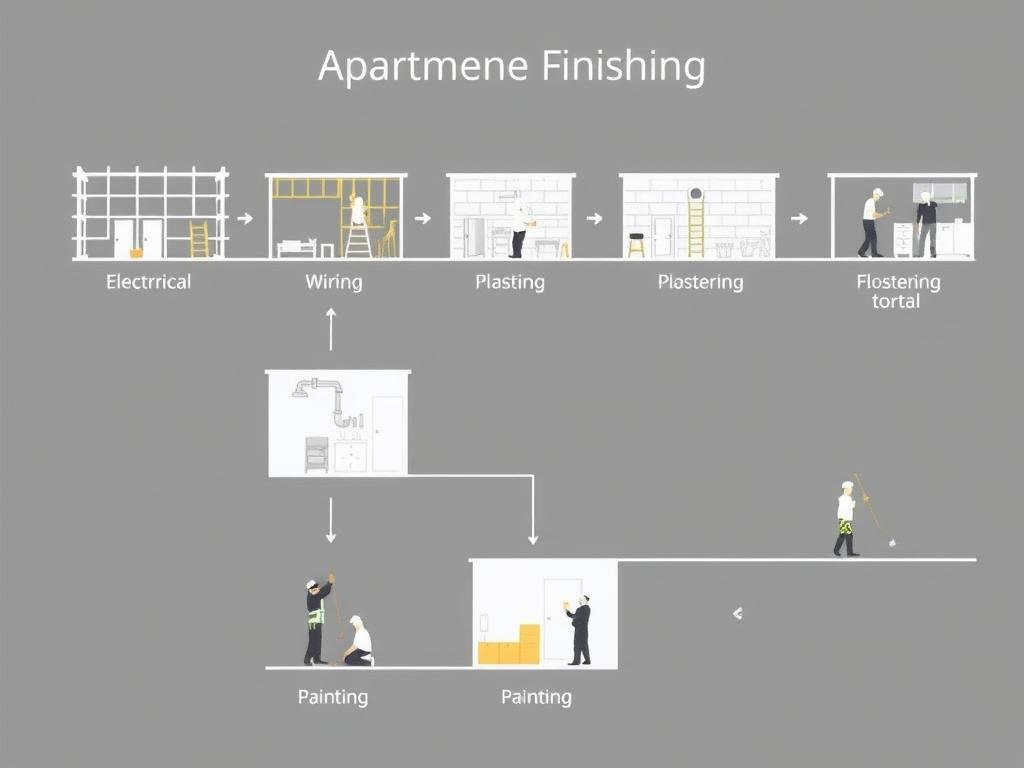 مراحل تشطيب شقق متعددة توضح تسلسل العمل من المرحلة الهيكلية إلى التشطيبات النهائية