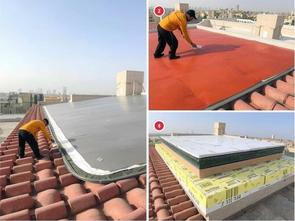مراحل تطبيق العزل المائي والحراري على سطح في الجابرية