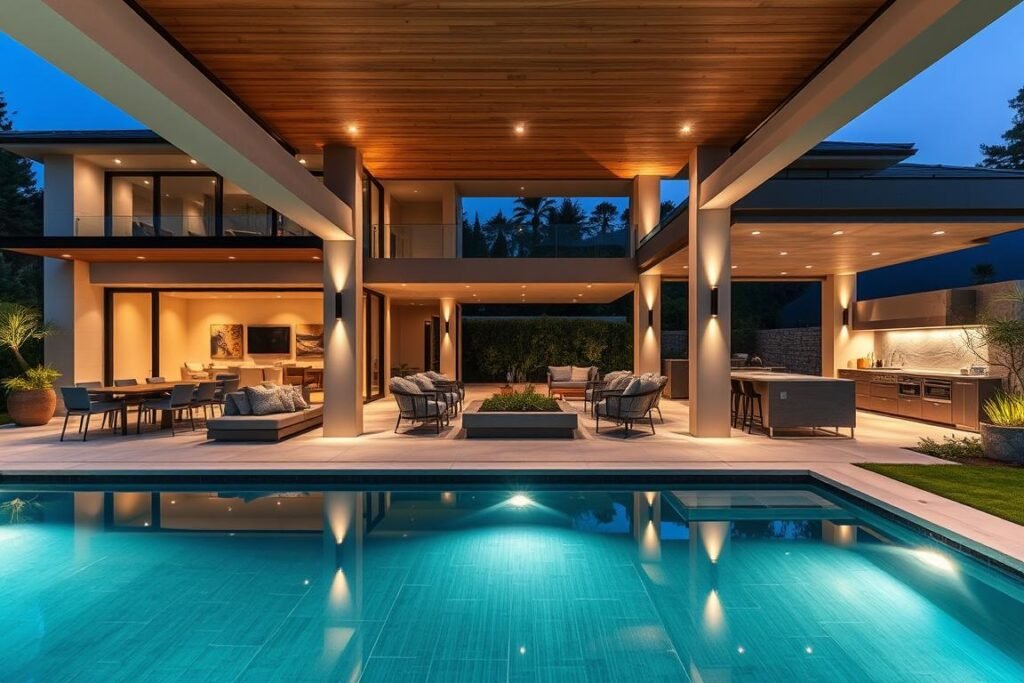 مساحة معيشة خارجية فاخرة مع حمام سباحة