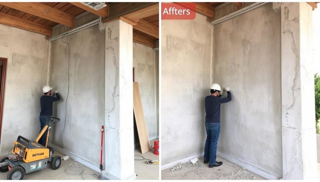 مشروع ترميم هيكلي لفيلا في كيفان يظهر معالجة التشققات وتقوية الأساسات بتقنيات حديثة