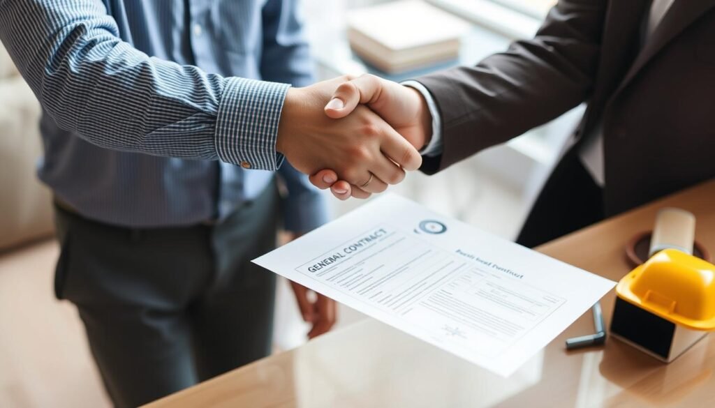 مصافحة بين مقاول عام وعميل بعد توقيع عقد مشروع ناجح