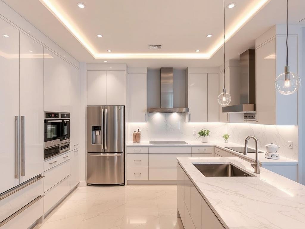 مطبخ فيلا في كيفان بعد عملية تجديد شاملة تظهر التصميم العصري والتشطيبات عالية الجودة